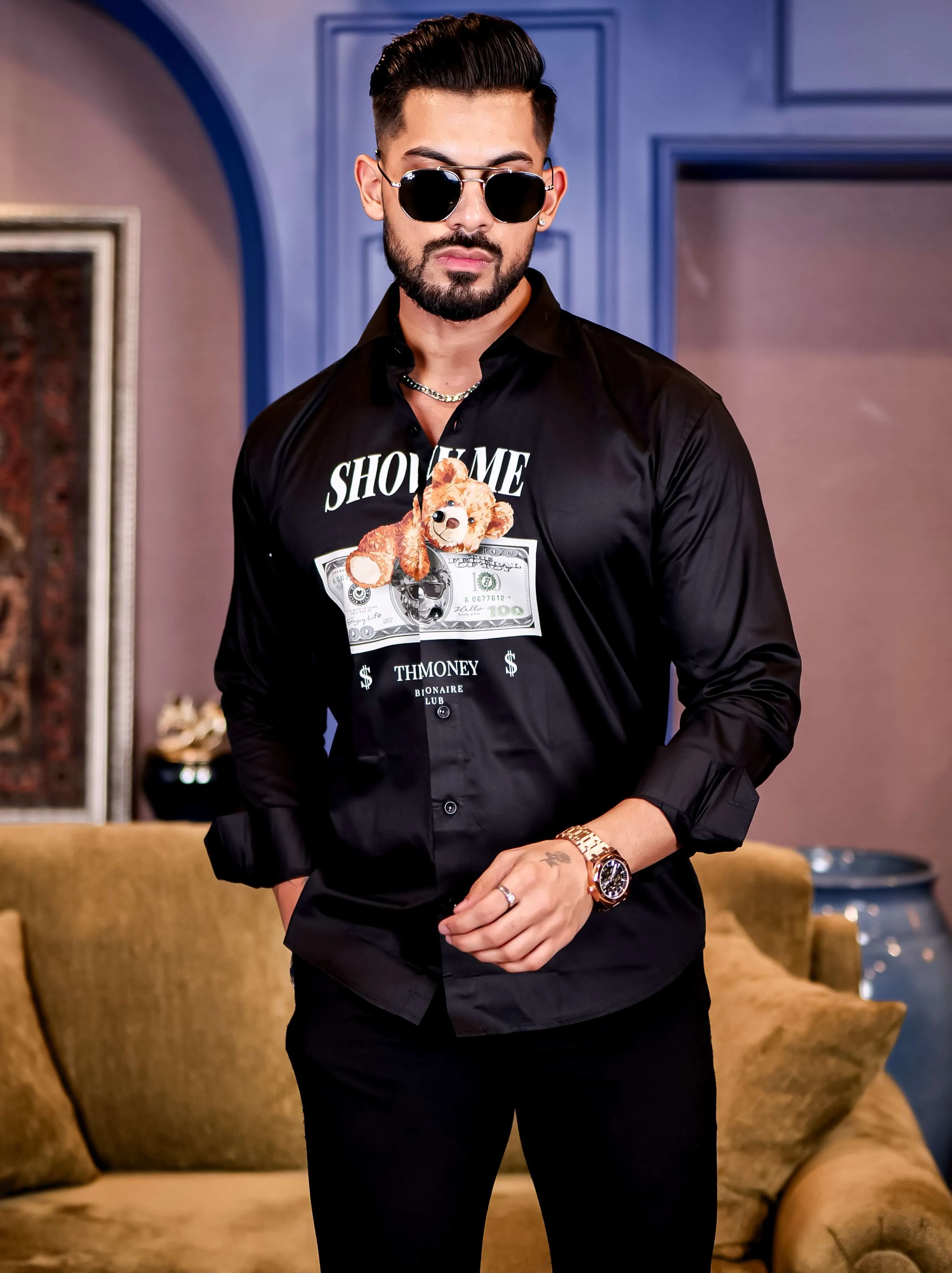 Black Club Wear Billionaire Printed Satin Cotton Shirt
