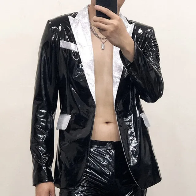 Glossy Leather Contrast Men Blazer
